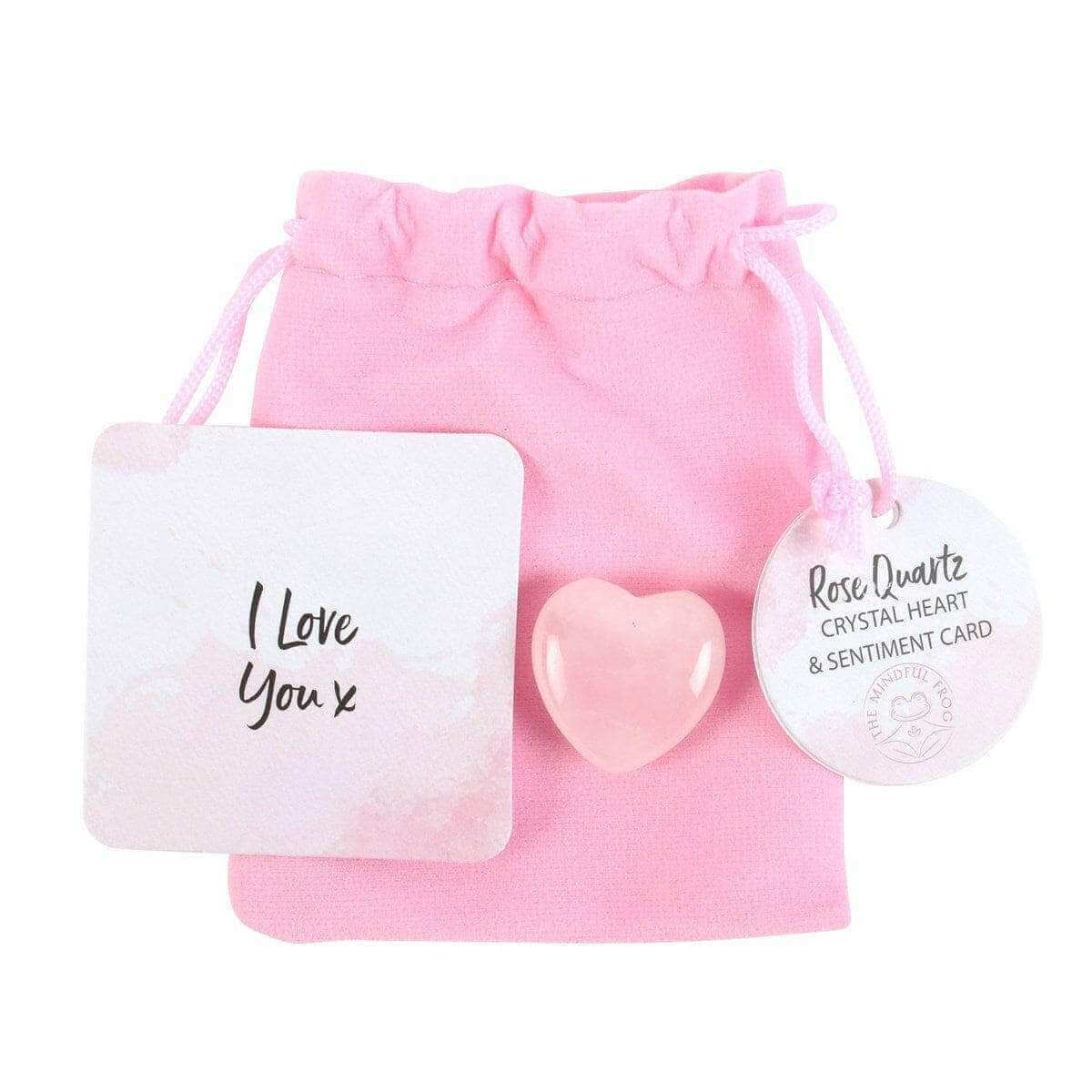 Pink drawstring pouch with rose quartz heart charm and sentiment card