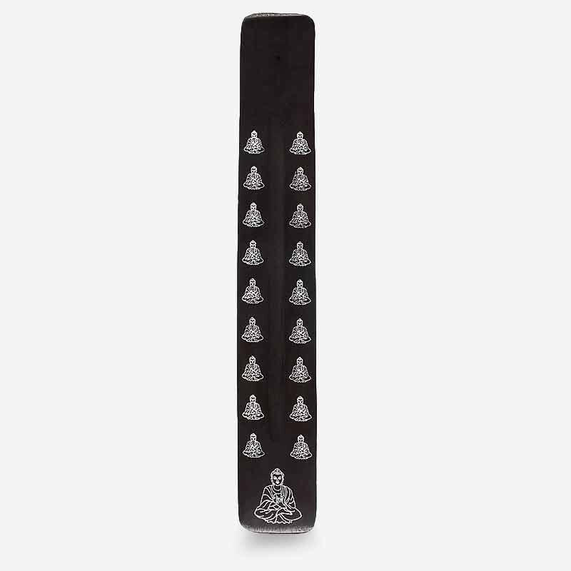 Black wooden incense stick holder with repeating seated Buddha figure icons