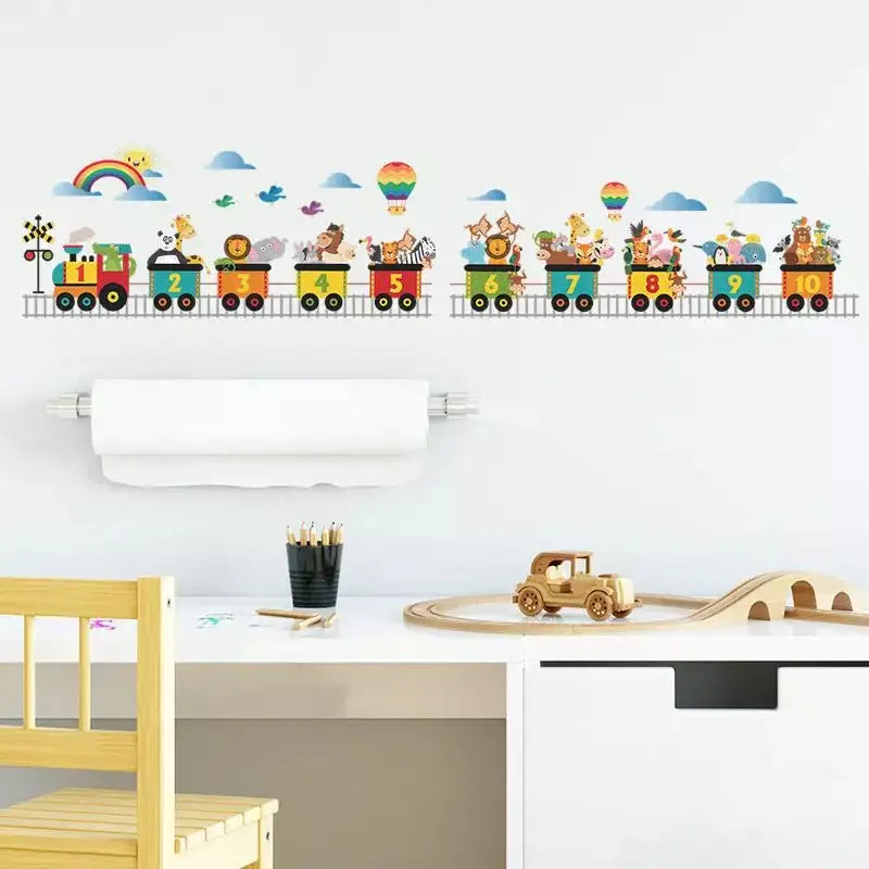 Animal train wall stickers with numbered cars and animal characters on tracks