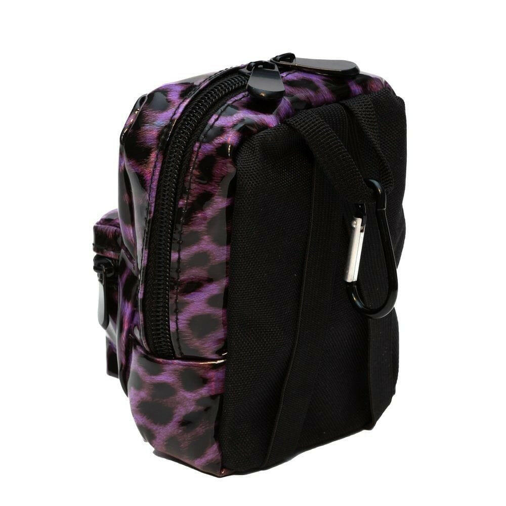 Leopard-print mini backpack with side flap, carabiner clip, and large front zipper