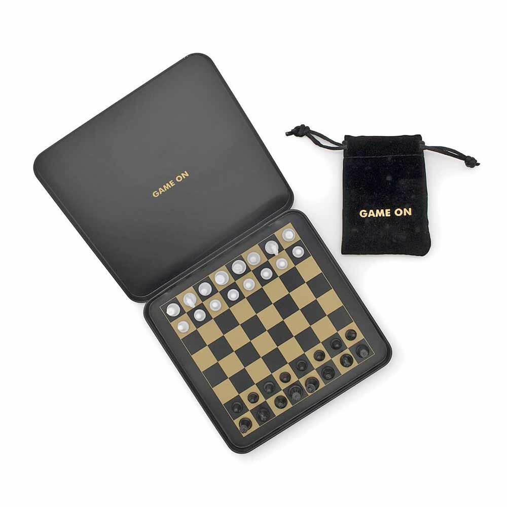 Magnetic travel chess set with chessboard pieces and black storage pouch