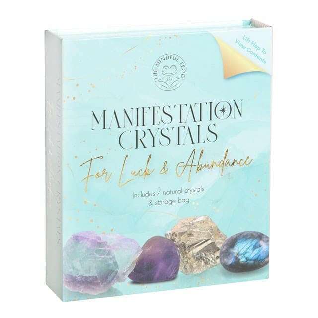 Manifestation crystal gift set box front featuring natural stone illustrations