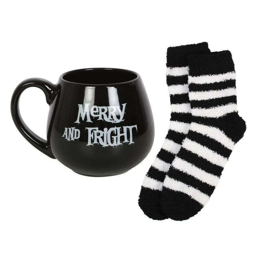 The Fashion Gift Shop: Merry and Fright Black Mug and Stripy Socks Gift Set by Spirit of equinox, Mugs and Cups