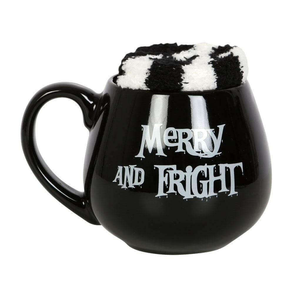 The Fashion Gift Shop: Merry and Fright Black Mug and Stripy Socks Gift Set by Spirit of equinox, Mugs and Cups