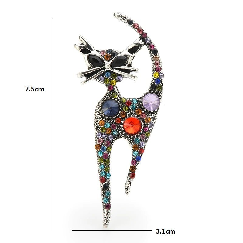 Multi Coloured Rhinestone Cat Pin Brooch - Brooches & Lapel Pins by Fashion Accessories