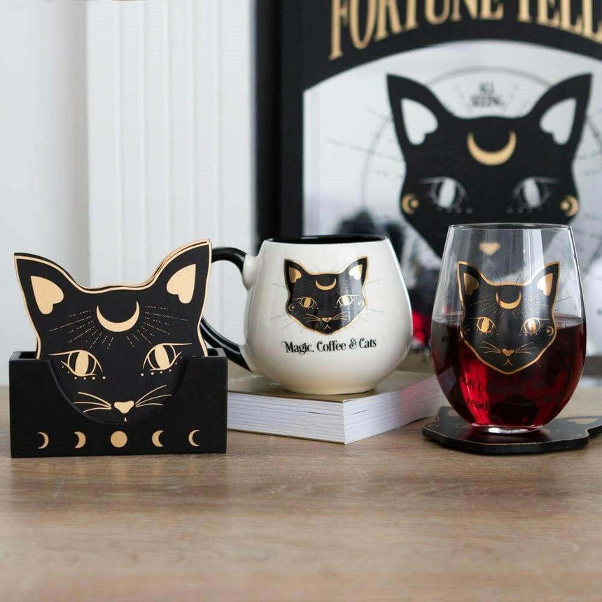 Mystic Mog Cat Face Crescent Moon Coaster Set of 4 - The Fashion Gift Shop Tea Coasters