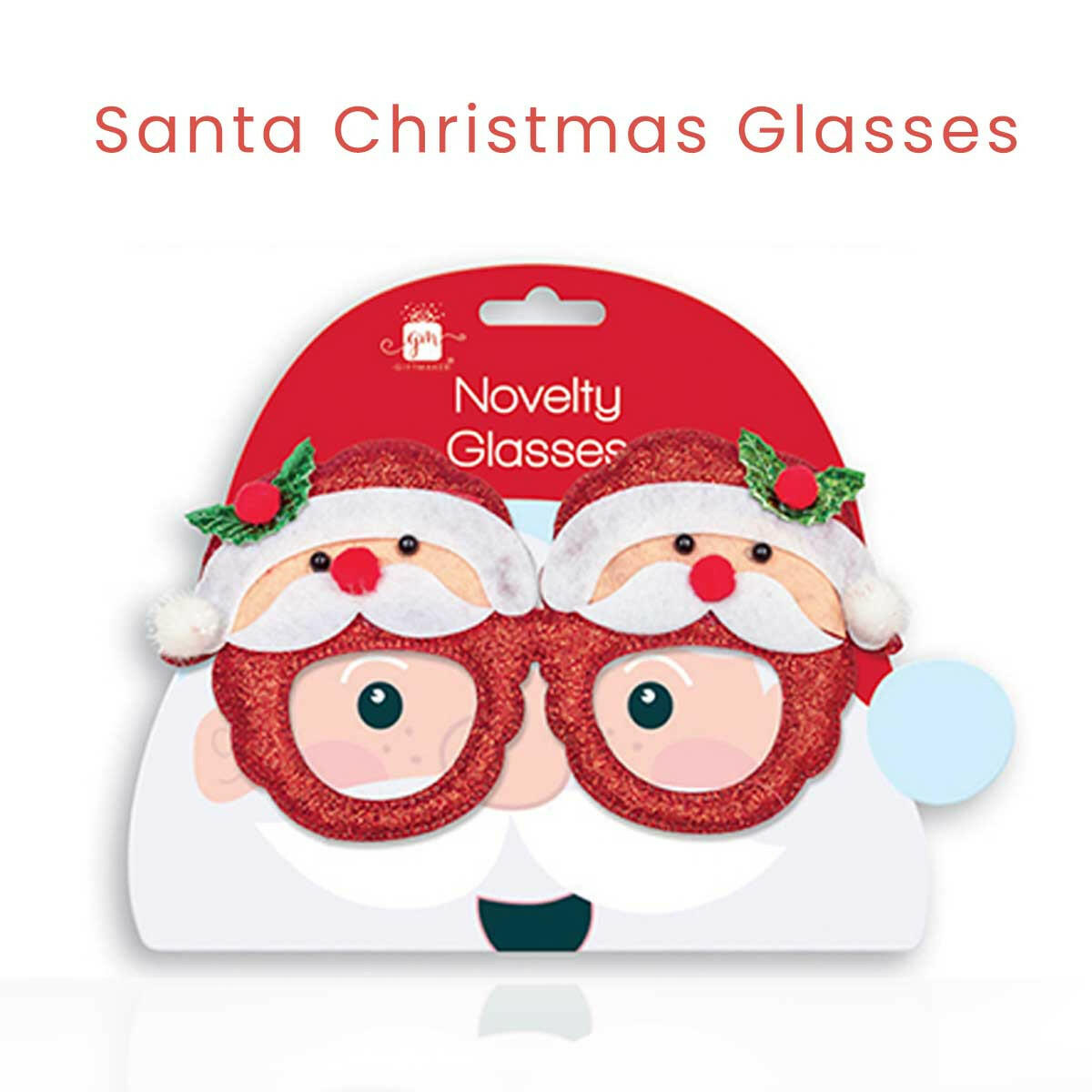 Santa-themed novelty Christmas glasses with white hat trim and red glitter beard