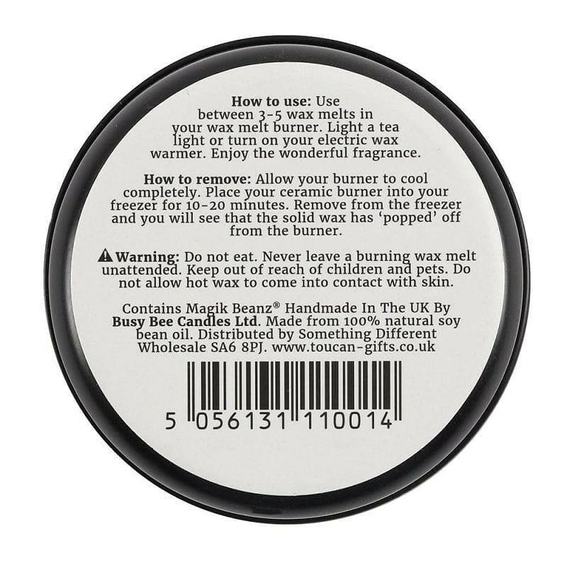 Back of eco soy wax melt tin with use instructions, ingredients, and barcode