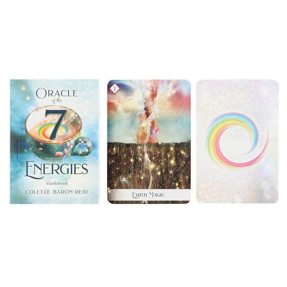 Oracle of the 7 Energies oracle cards laid out: box cover card plus two energy cards
