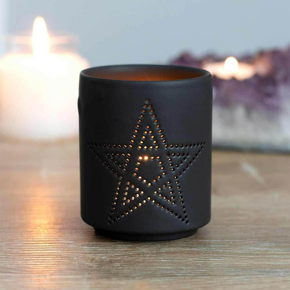 Small Black Pentagram Cut Out Tealight Holder by Jones Home & Gifts