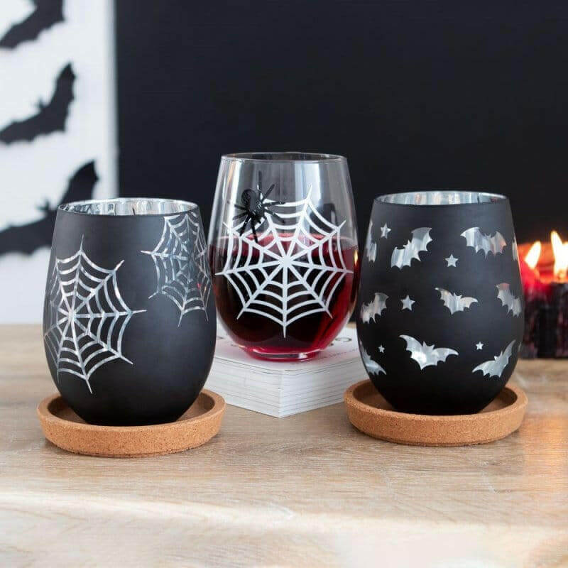 The Fashion Gift Shop: Spider and Web Stemless Wine Glasses Set of 2 for Halloween by Spirit of equinox, Stemless Wine Glass