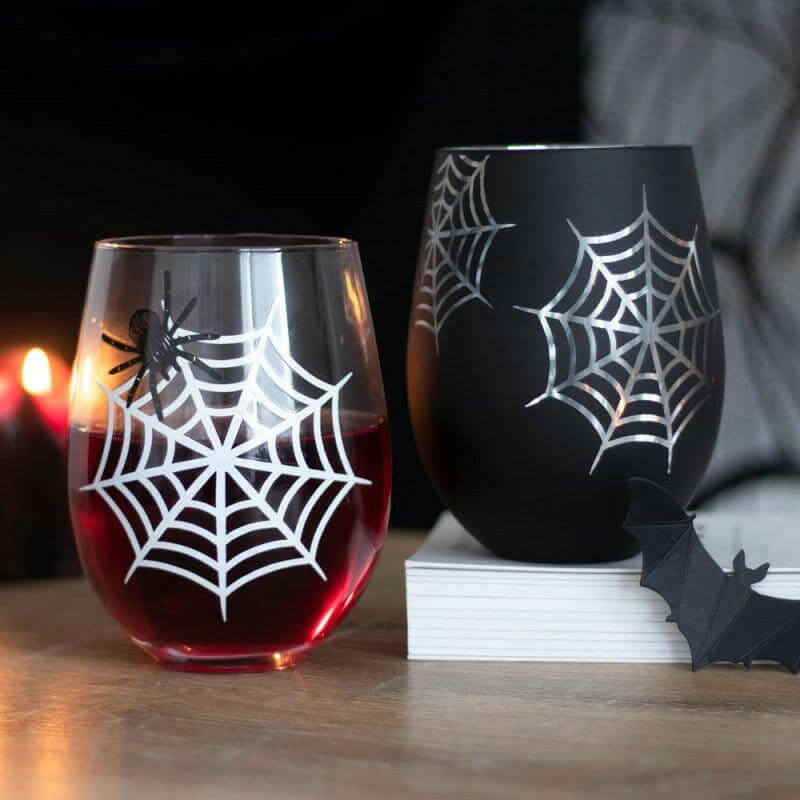 The Fashion Gift Shop: Spider and Web Stemless Wine Glasses Set of 2 for Halloween by Spirit of equinox, Stemless Wine Glass