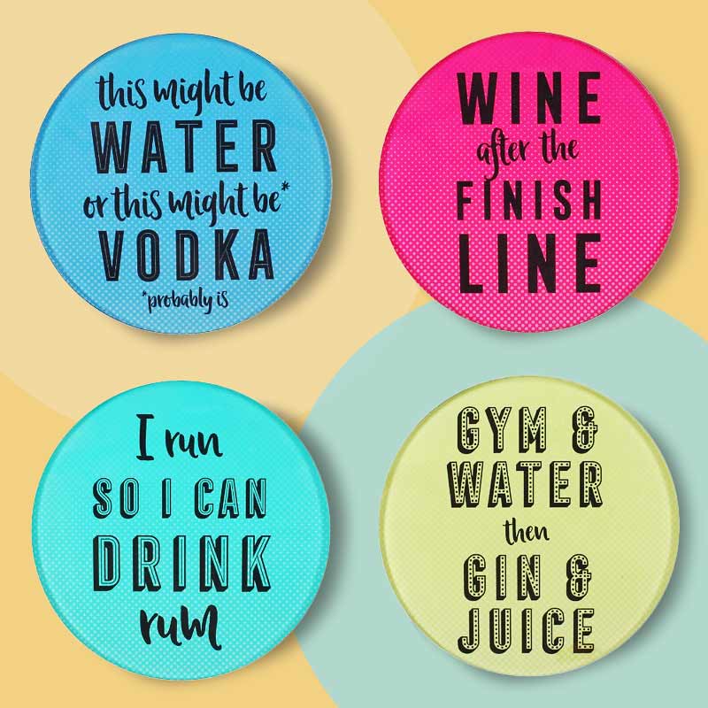 Fun slogan colourful glass coasters - set of 4 - Tea Coasters by Jones Home & Gifts