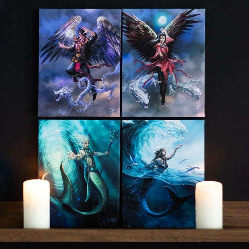 Four-panel canvas wall art set with angel and merman fantasy figures in blue tones