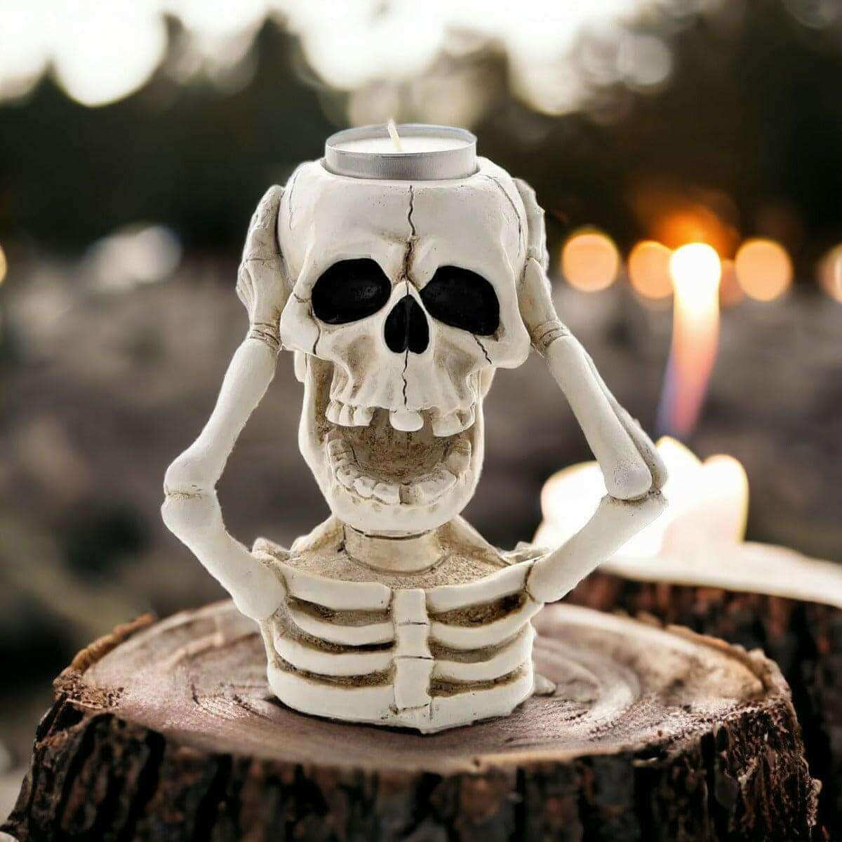The Fashion Gift Shop: White Skeleton Tealight Holder Spooky Halloween Decor by Seasonal gift co, Tea Light Holder
