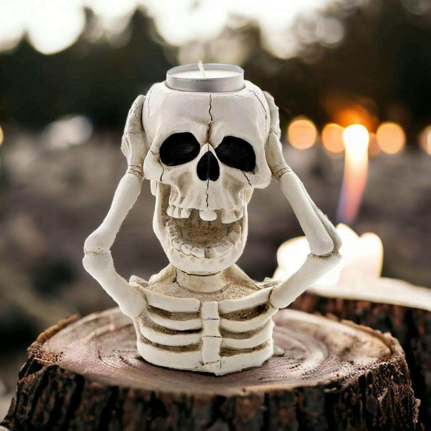 The Fashion Gift Shop: White Skeleton Tealight Holder Spooky Halloween Decor by Seasonal gift co, Tea Light Holder