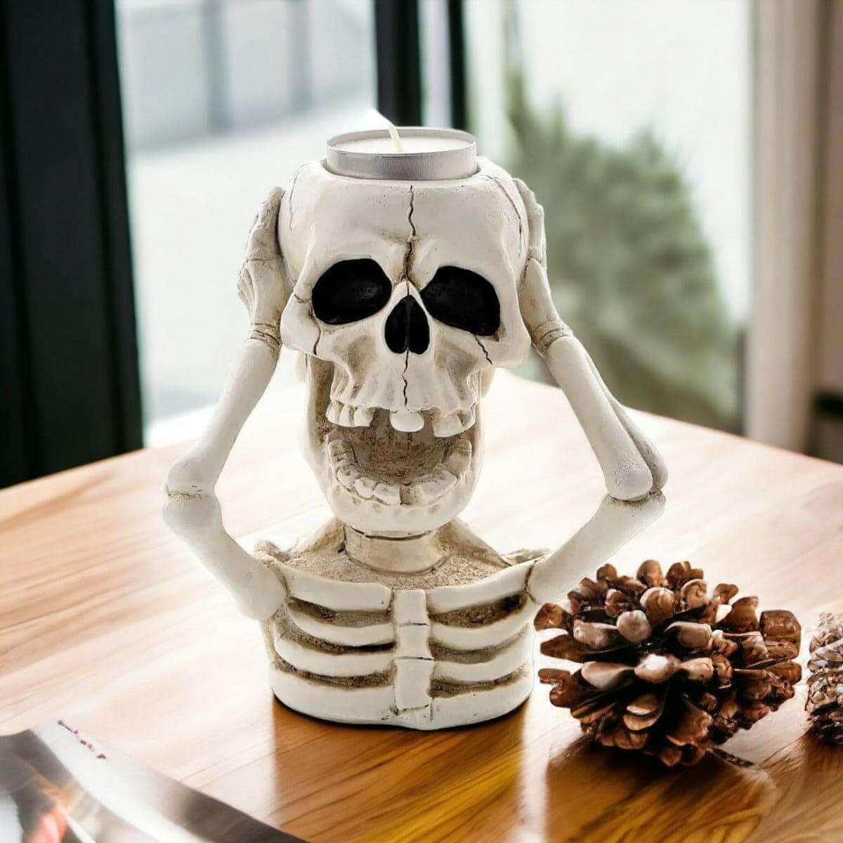 The Fashion Gift Shop: White Skeleton Tealight Holder Spooky Halloween Decor by Seasonal gift co, Tea Light Holder