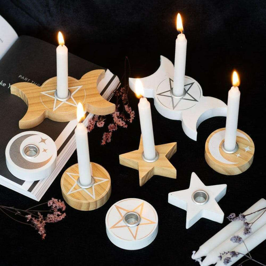 The Fashion Gift Shop: White Spell Candle Holders 3 Designs Star Moons Mystical by Spirit of equinox, Candle Holders