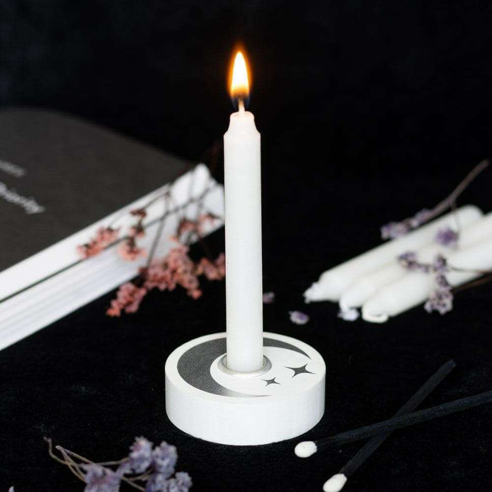 White Spell Candle Holders 3 Designs Star Moons Mystical by Spirit of equinox