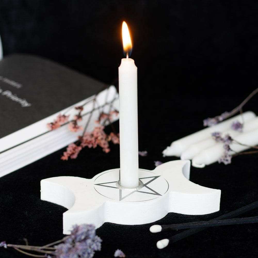 White Spell Candle Holders 3 Designs Star Moons Mystical by Spirit of equinox