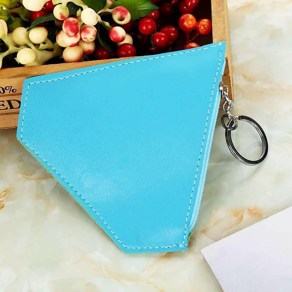 Blue triangular coin purse with stitched edges and metal keyring