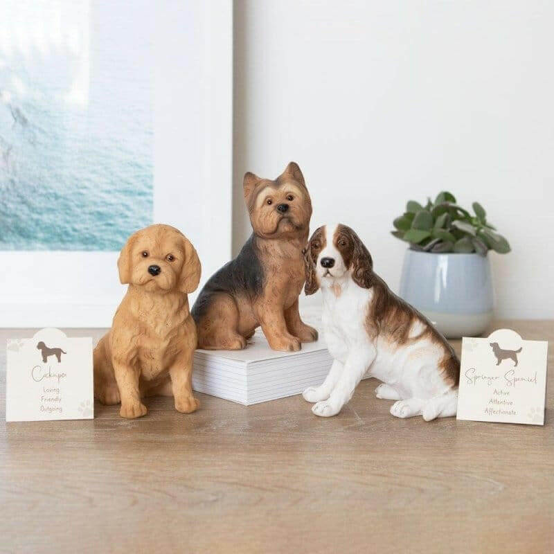 Yorkshire terrier dog ornament figurine with two other dog ornaments and gift cards