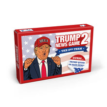 Board game box with red cover, illustrated man and TRUMP NEWS GAME 2 title