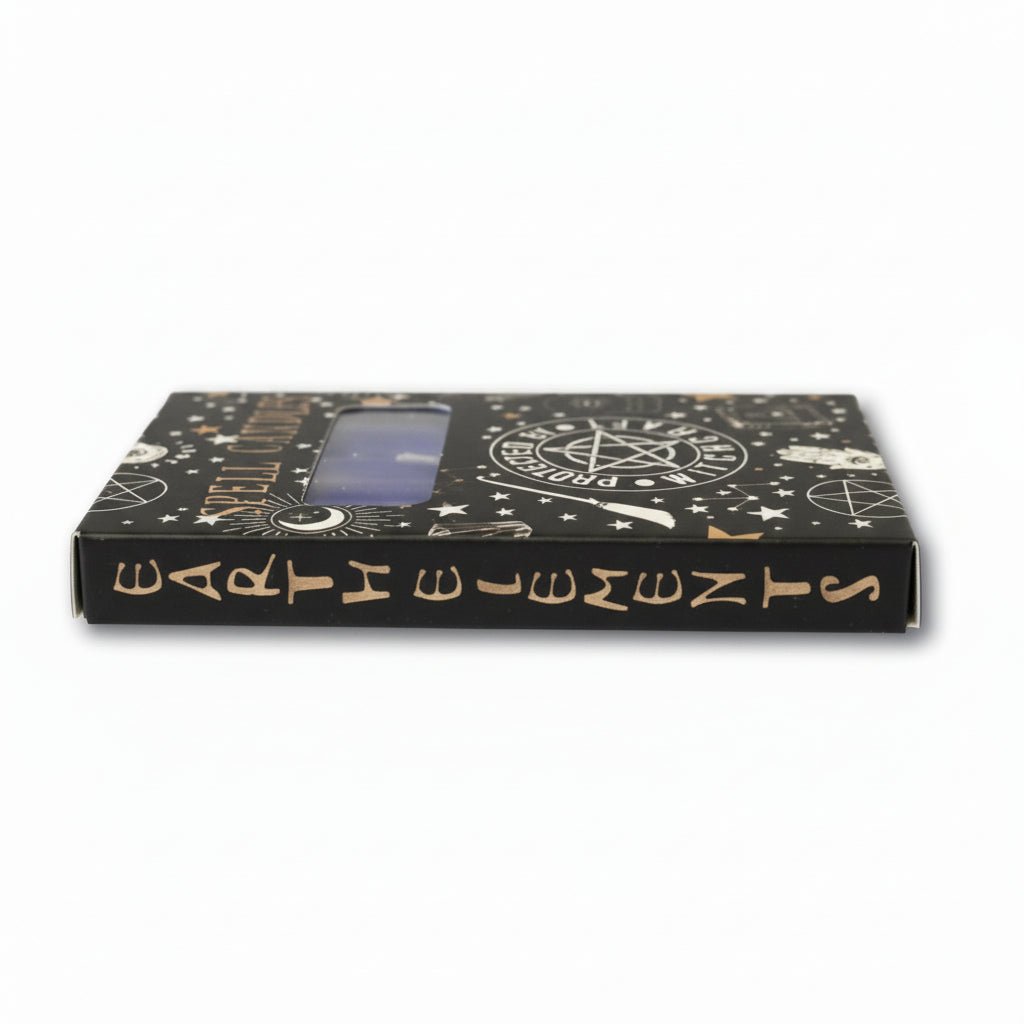 Spell candles box top with star and symbol patterns, window panel visible