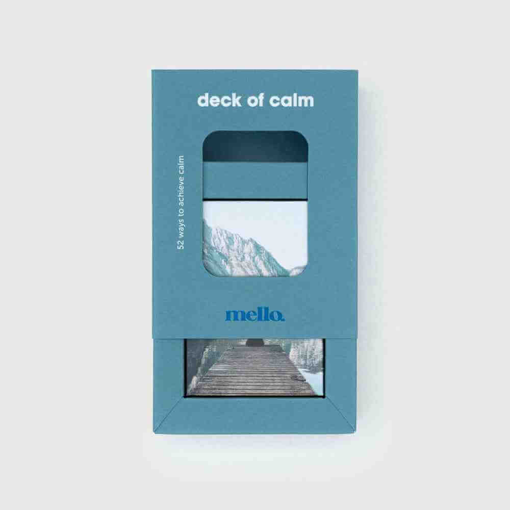 Self-help card deck in blue box, front view with mountain and bridge cards