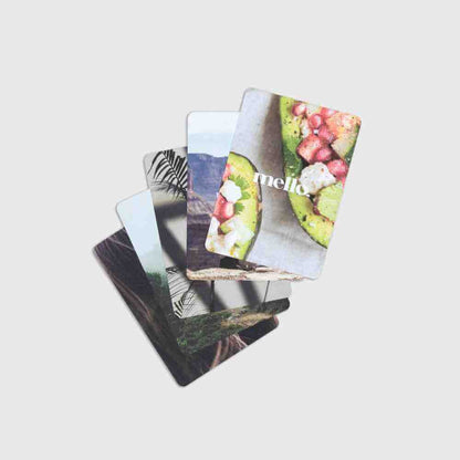Self-help card deck with colorful fruit and nature cards, stacked together