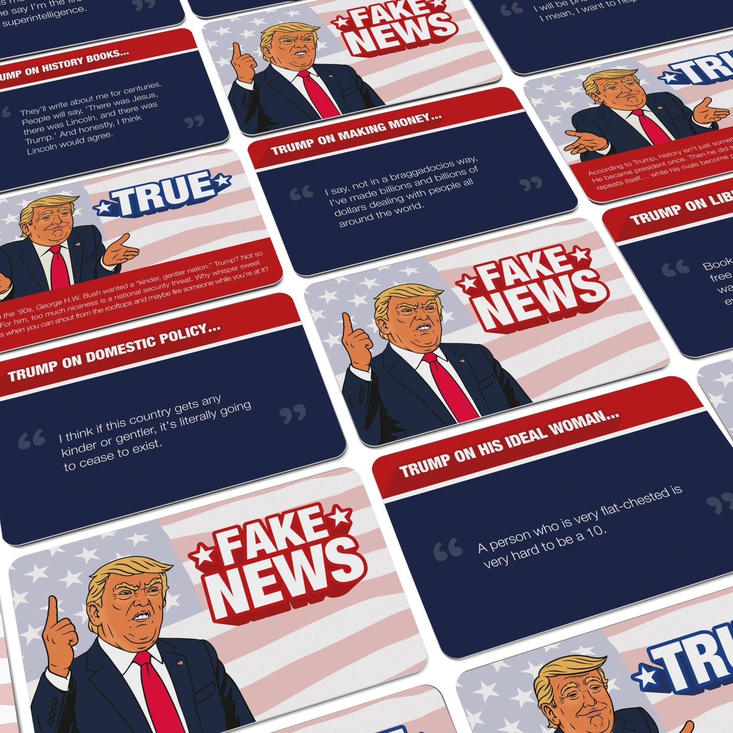 Close-up of Trump News Game cards with Fake News and True labels and quote text