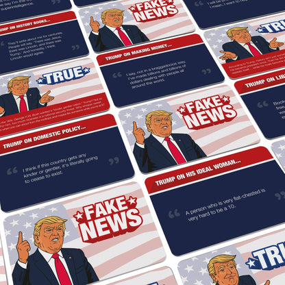 Close-up of Trump News Game cards with Fake News and True labels and quote text