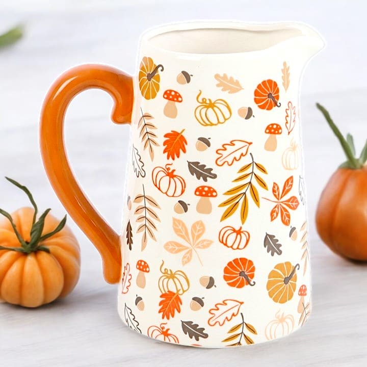 17cm Autumn Leaves and Pumpkins, Mushrooms Ceramic Flower Jug.