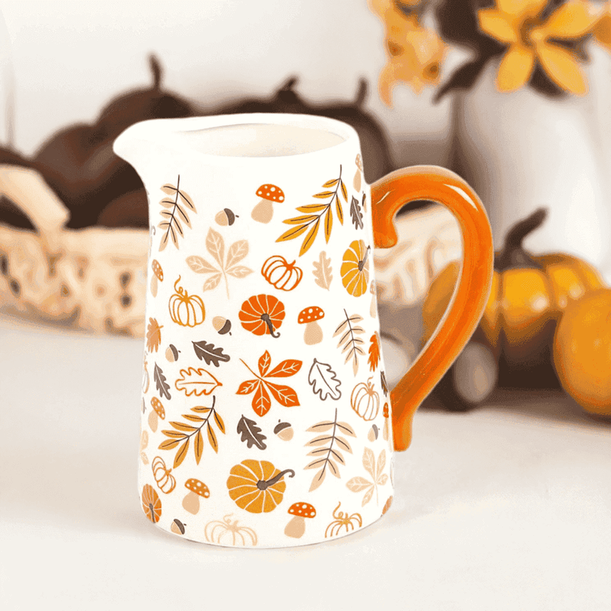 The Fashion Gift Shop: 17cm Autumn Leaves and Pumpkins Mushrooms Ceramic Jug by Jones Home & Gifts, Flower Jugs