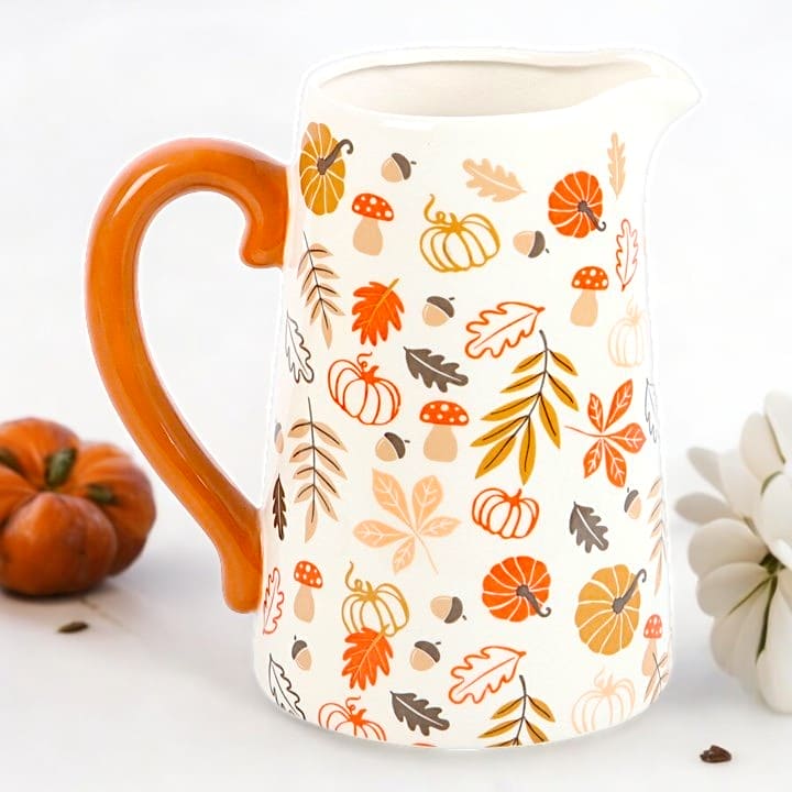 17cm Autumn Leaves and Pumpkins, Mushrooms Ceramic Flower Jug.