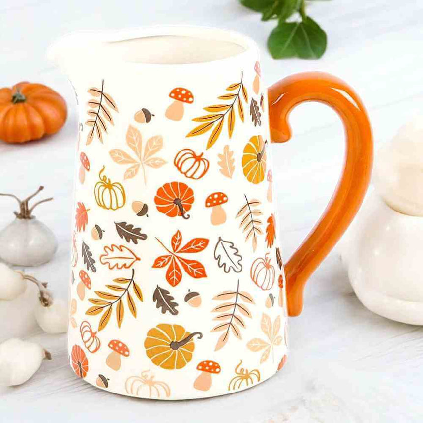 The Fashion Gift Shop: 17cm Autumn Leaves and Pumpkins Mushrooms Ceramic Jug by Jones Home & Gifts, Flower Jugs
