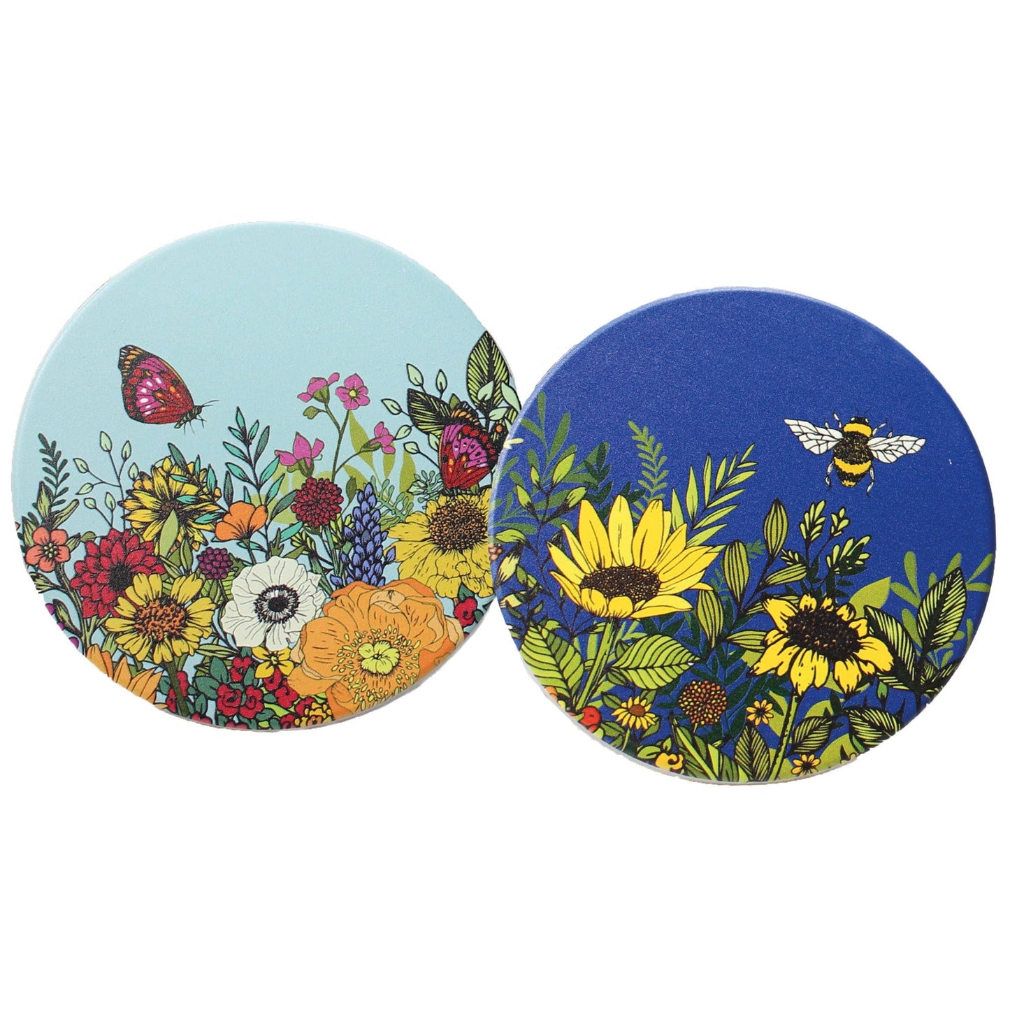 Ceramic coaster set (2) featuring light blue floral and dark blue bee sunflower designs