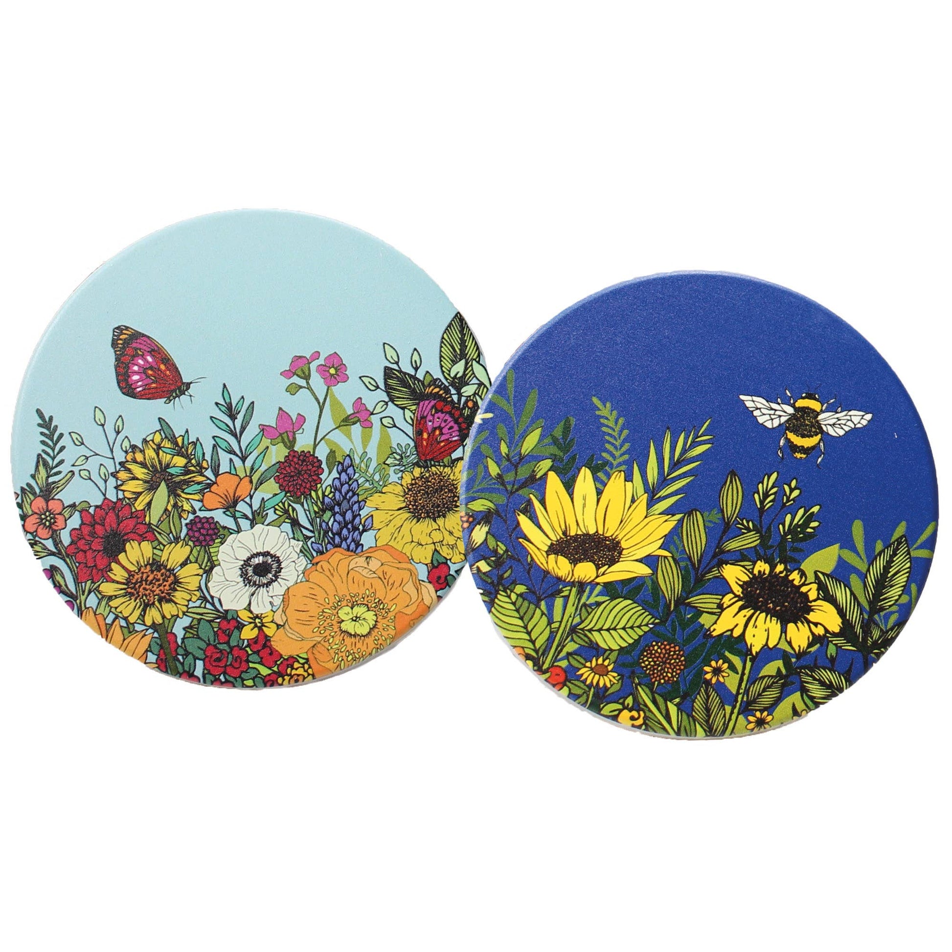 Ceramic coaster set (2) featuring light blue floral and dark blue bee sunflower designs
