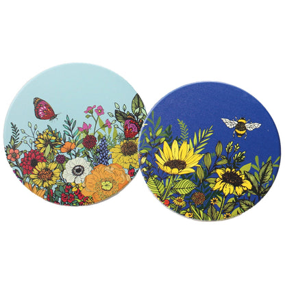 Ceramic coaster set (2) featuring light blue floral and dark blue bee sunflower designs