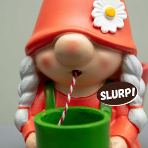 Self-watering gnome plant pot close-up: green cup with red string, orange hat