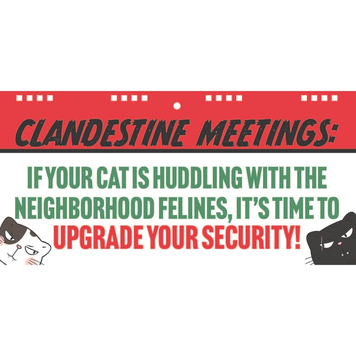 Cat flipbook page titled “CLANDESTINE MEETINGS” with security-themed text and cat icons