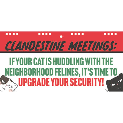 Cat flipbook page titled “CLANDESTINE MEETINGS” with security-themed text and cat icons