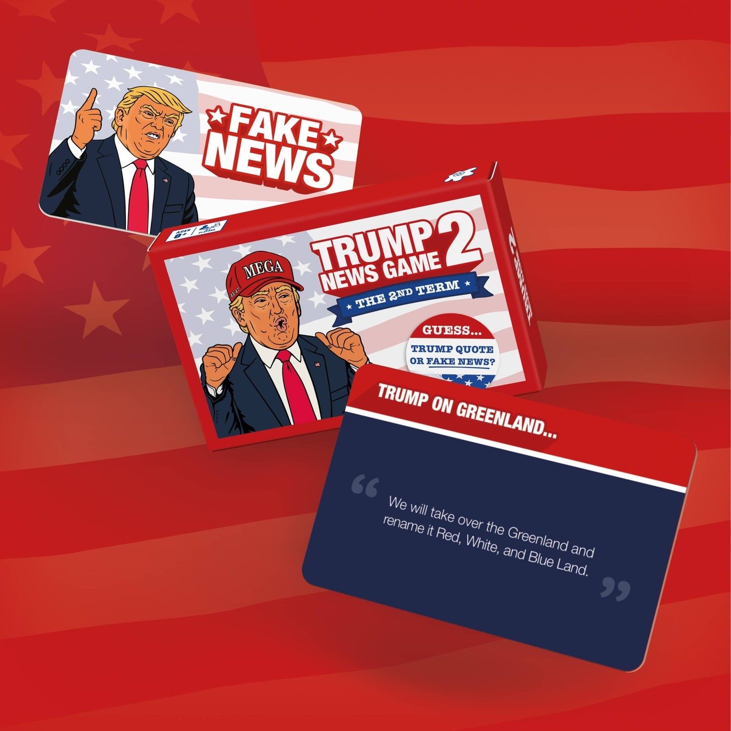 Card game set with Fake News header card and blue quote cards on red layout