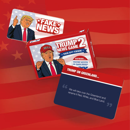 Card game set with Fake News header card and blue quote cards on red layout