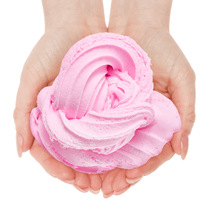 Pink butter cloudz slime swirl held in cupped hands, soft fluffy texture