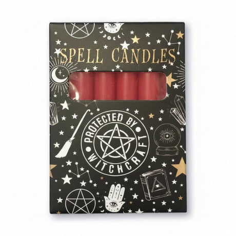 Pack of spell candles with witchcraft-themed packaging on a white background