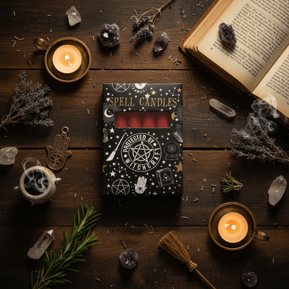 Spell candles pack with black box window showing six red candles