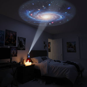 Rocket children’s night light and ceiling projector glowing in bedroom