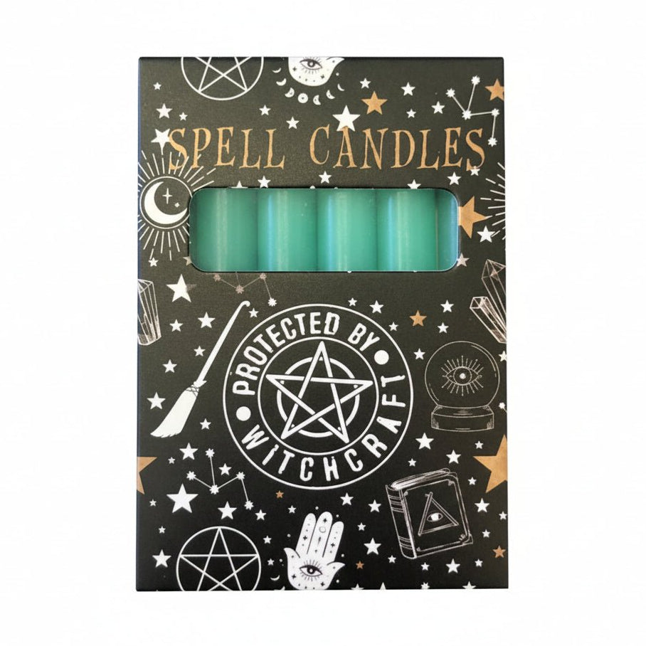 Pack of 6 teal spell candles in black gift box with window