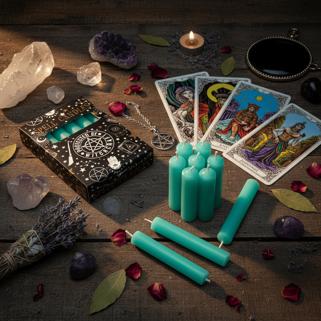 Six teal spell candles standing unlit on a tabletop
